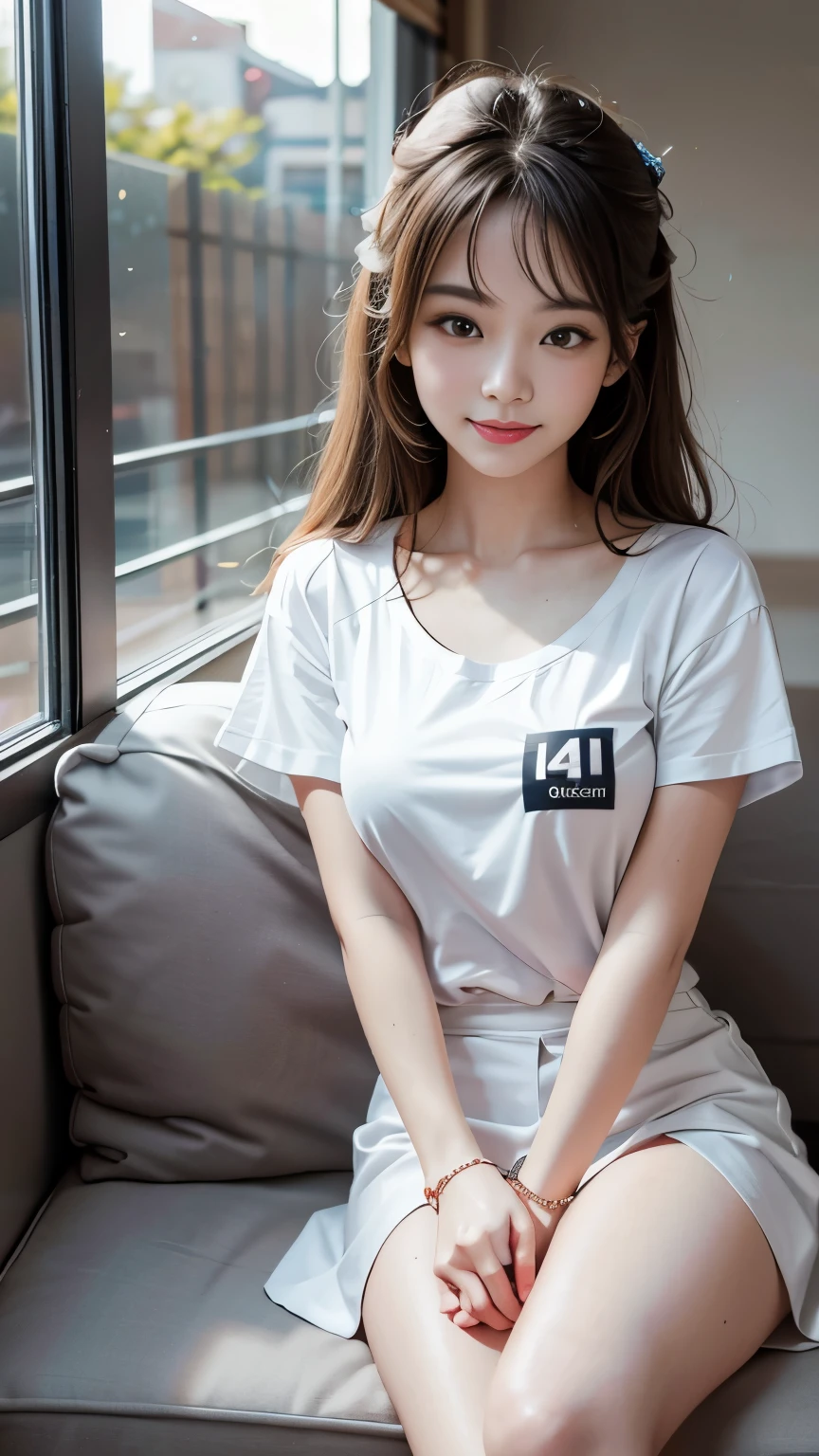 最high quality, masterpiece, One girl, Beautiful Face, (Photo Real:1.3), Edge Light, (Highly detailed skin:1.2), 8k, Ultra HD, Digital single-lens reflex camera, high quality, High resolution, 4K, 8k, Bokeh, Absurd, Optimal ratio of four fingers to one thumb, (Realistically:1.3), かわいいOne girl, Wearing a white T-shirt, Medium chest, White short dress,A pure sunny smile,