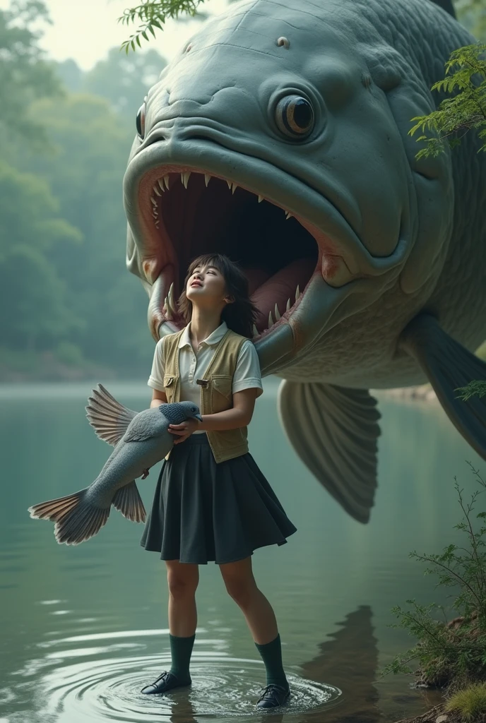 ((Highest quality)), ((masterpiece)), (forest pond), A giant catfish is eating a gray female pigeon in its mouth, Gray female pigeon is frightened, A grey female pigeon with her mouth wide open wearing an off-white collared short-sleeved shirt, a light brown vest, a knee-length black skirt, dark green socks and black shoes, Muscular grey female pigeon, Photorealistic images,
