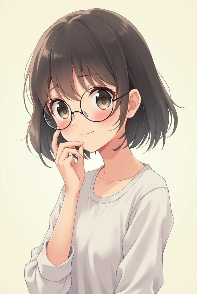 Create a small, white, short-haired anime girl with glasses.