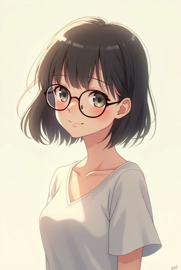 Create a small, white, short-haired anime girl with glasses.