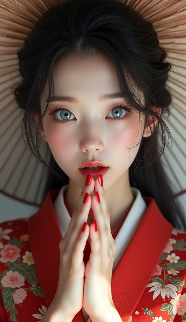 1girl, Solo, High Resolution, Blue eyes, Open Mouth, beautiful Japanese kimono, very beautiful Japanese female, beautiful fingers, red nails,