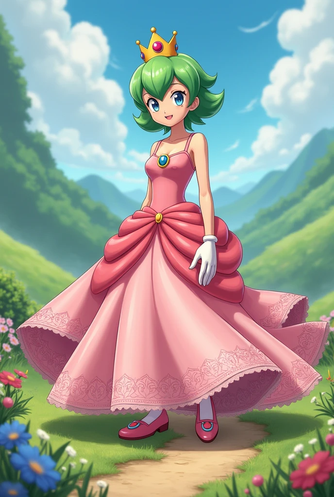 Create "Pokémon rival Wally in Princess Peach dress"