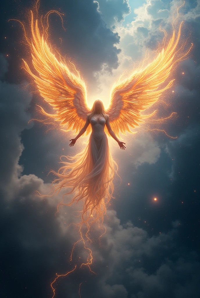A majestic, winged deity soaring through the cosmos, leaving a trail of stardust and celestial glory, with galaxies and nebulas unfolding beneath their wings like a tapestry of wonder.
