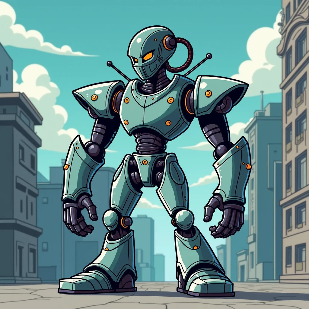 Cartoon design of a cyborg without a body and tall and without a big head in the titans animation on the building