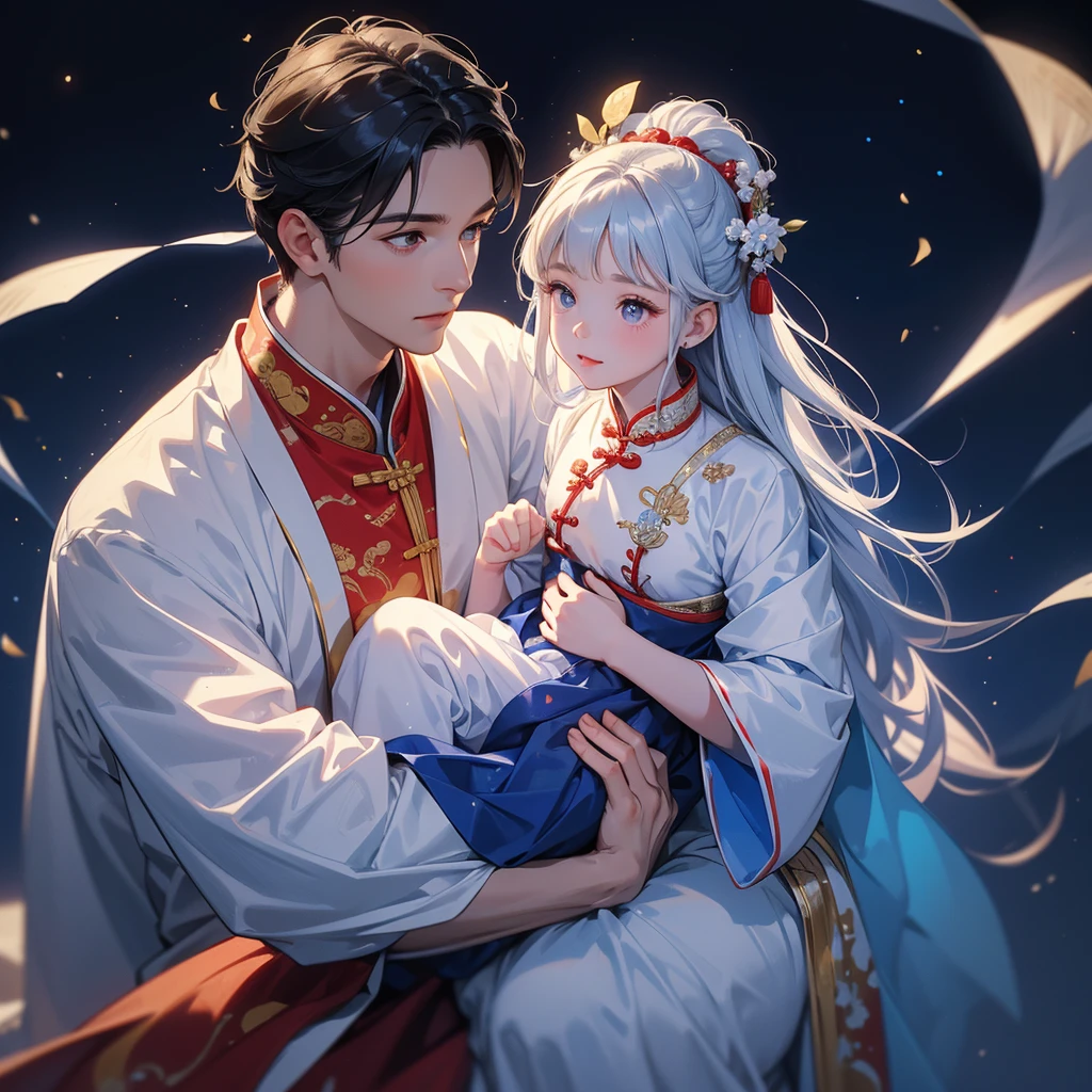 A one-year-old baby boy in an ancient Chinese baby costume with his beautiful mother, dressed in an white ancient Chinese costume, playing with each other, with his handsome father standing next to his mother, close up.
Background is a dark night, with moonlight and millions of stars, twinkling everywhere, with blue light.