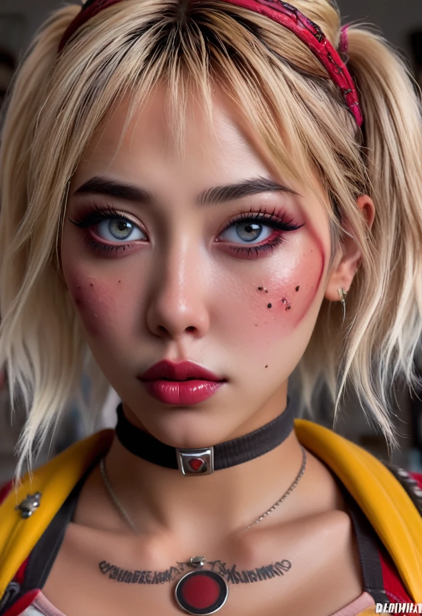 cute yuna,Harley Quinn,insane,sexy,trashed bedroom,1girl,detailed face,beautiful detailed eyes,beautiful detailed lips,extremely detailed eyes and face,long eyelashes,photorealistic,high quality,ultra-detailed,masterpiece,vibrant colors,dramatic lighting,cinematic