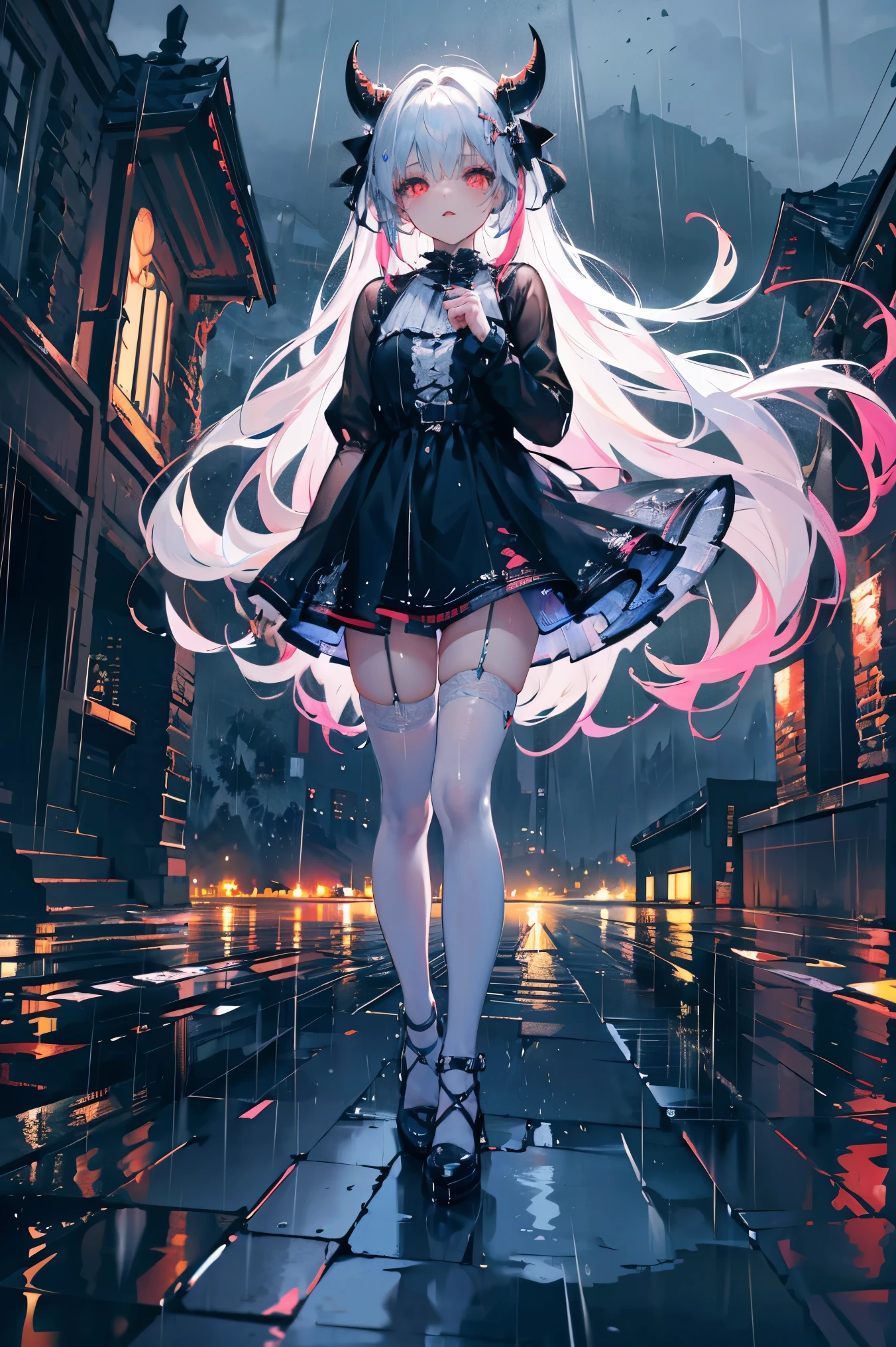 uhd, textured skin, good quality, High details, ​masterpiece, best quality, high detail face, (Amazingly absurd:1.2), (​masterpiece:1.2), fluffy, 1 Girl, Dragon ears, Dress with ruffles, glowing eyes, shining hair , Whole body love, very long hair, hair ribbon, black kneesocks, full body, Kawaiitech, soft colours, Kawaii, Beautiful colors, (Rain:1.5), (Wet:1), (Night:2), (Landscape:2)