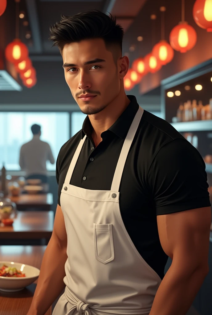 30 year old man with a well defined, athletic, muscular body, broad shoulders and a slight bulge in the lower area through the white apron, underneath black polo. Your face should have a strong jawline, Straight Nose, and a gentle and seductive look. The hair is black, straight and short spiky, and the eyes are dark and deep. realistic lighting, Dynamic angle, 真实感, best qualityer, fully body. sushi bar restaurant atmosphere, is working