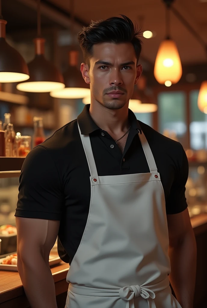 30 year old man with a well defined, athletic, muscular body, broad shoulders and a slight bulge in the lower area through the white apron, underneath black polo. Your face should have a strong jawline, Straight Nose, and a gentle and seductive look. The hair is black, straight and short spiky, and the eyes are dark and deep. realistic lighting, Dynamic angle, 真实感, best qualityer, fully body. sushi bar restaurant atmosphere, is working
