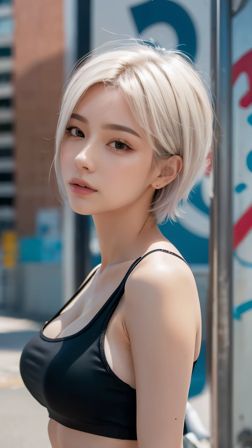 masterpiece, Highest quality, Very detailed, 8k, Realistic, One Girl, alone, Tomboy, Very detailed face, (head shot:1.5), Standing in front of a wall covered in hip hop graffiti, Pixie cut white hair, He is wearing a short tank top,I can see your chest,Nice ass,