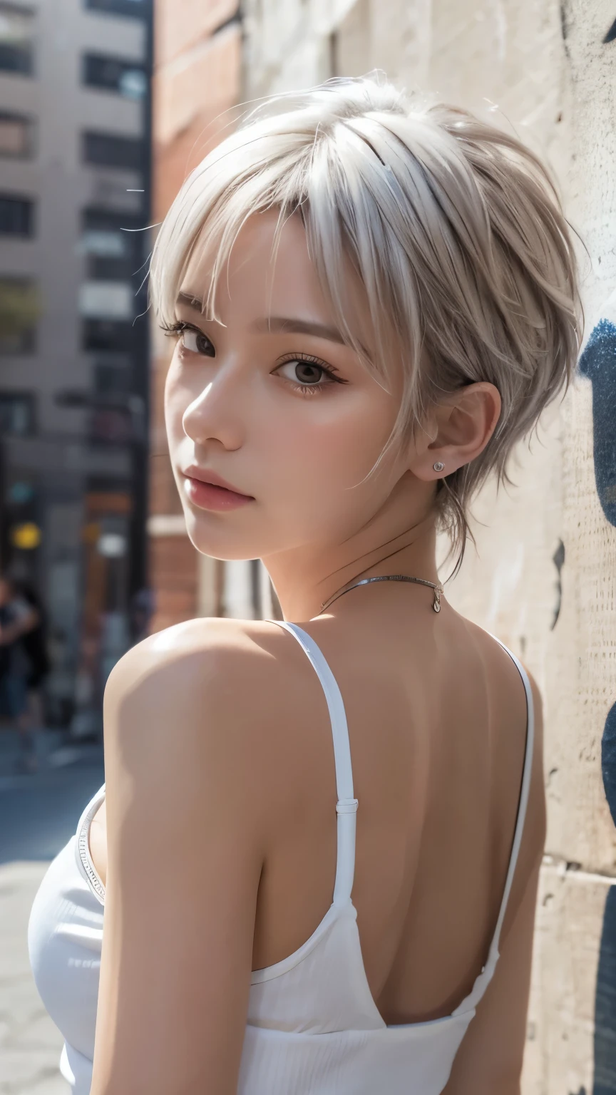 masterpiece, Highest quality, Very detailed, 8k, Realistic, One Girl, alone, Tomboy, Very detailed face, (head shot:1.5), Standing in front of a wall covered in hip hop graffiti, Pixie cut white hair, He is wearing a short tank top,I can see your chest,Nice ass,