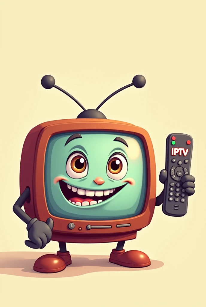 Cartoon style television smiling with braces on teeth with two arms light brown eyes holding a remote control with the word IPTV written on it