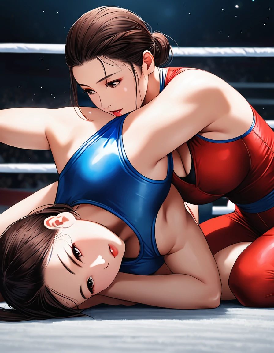 8k photos, hyper realism, Realistic background, visual depth, wide-angle lens, professional light. "{an incredibly beautiful woman, Face perfect, with dark brown hair, White skin, slicked back hair, far away, She applies a hold to her opponent. The woman is a freestyle wrestling , She wears a blue freestyle wrestling suit.. She fights against an opponent in a white freestyle wrestling suit. she is sweaty, But she retains an attractive and sensual appearance. The scene is a world of women&#39;freestyle wrestling competition. freestyle wrestling suit-Matten. She is She applies a hold to her opponent..