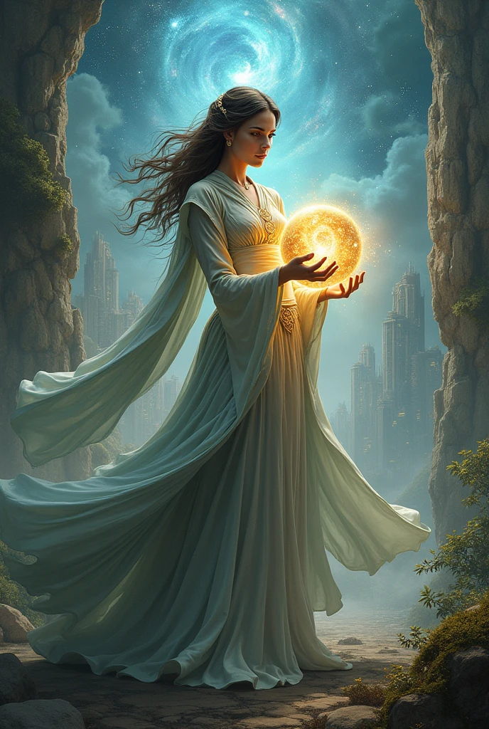 A powerful female figure, Alicia, the Guardian of Time and Space, holding a glowing, mystical orb (the Eternal Sphere) that seems to contain swirling galaxies and nebulae. She stands in a landscape where time is fractured—partially in a serene forest, partially in a futuristic city, and partially in an ancient ruin. Her flowing robe blends into the environment, symbolizing her connection to all times and places. The image should convey a sense of control over time and space, with ethereal light and shifting shadows.