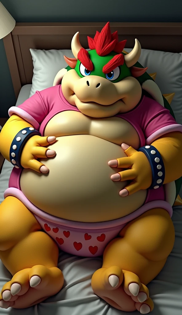 Bowser from Super Mario, Extremely obese, chubby, embarrassed, huge round belly, big moobs, heart underpants, pink tight short sleeves t-shirt, laying on a bed, one hand on the belly