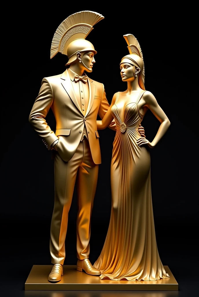 Gold statue of a man and women, wearing toxido formal suit and dress and wearing spartans helmet, pointing in the camera, gold texture, whole body, black background, high quality, 4k resolution, intricate detailed