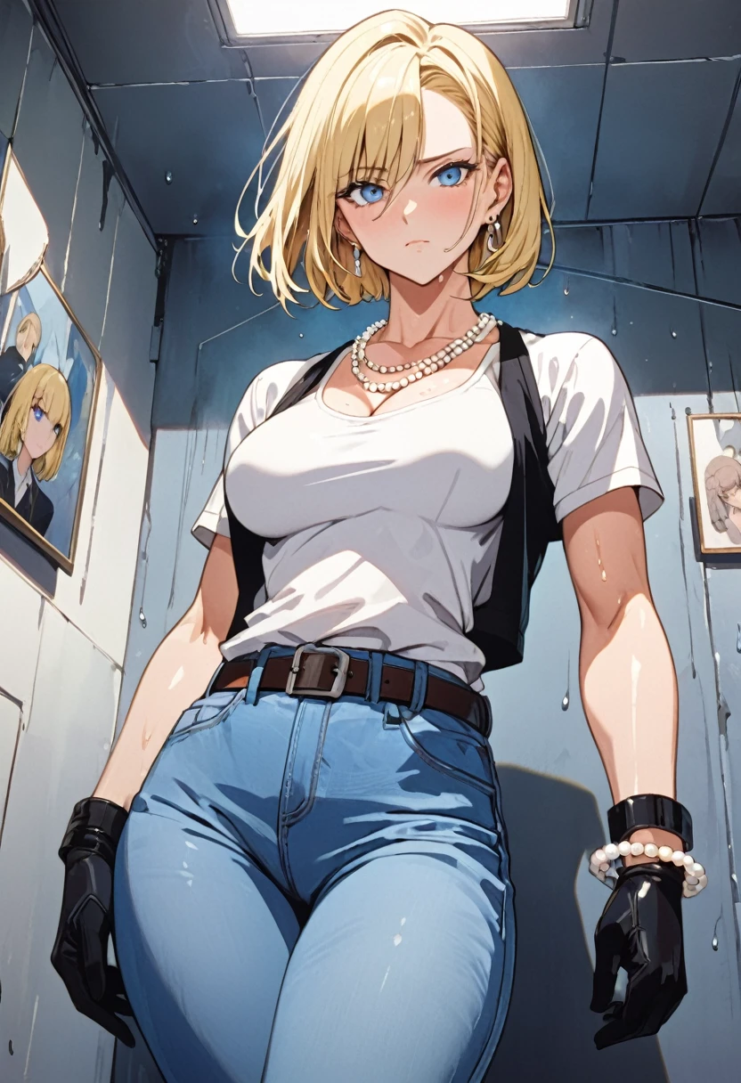 masterpiece, Highest quality, High resolution, (Artificial Human Room No. 18),1990s \(style\),(E-cup beautiful breasts)、height: 170cm,Sweating all over the body、vapor、Muscular、(sexy)、(nsfw),M-shaped legs,Sweaty、Composition from the front、独奏,Anime-style painting style, blonde hair, Blue eyes, belt, jeans, pearl_necklace, bracelet, black gloves, white shirt, short hair, short sleeves, earrings, blue pants, open vest, black vest,middle breasts,expressionless、Composition focusing on the upper body,(Cool face)、Pointed eyes