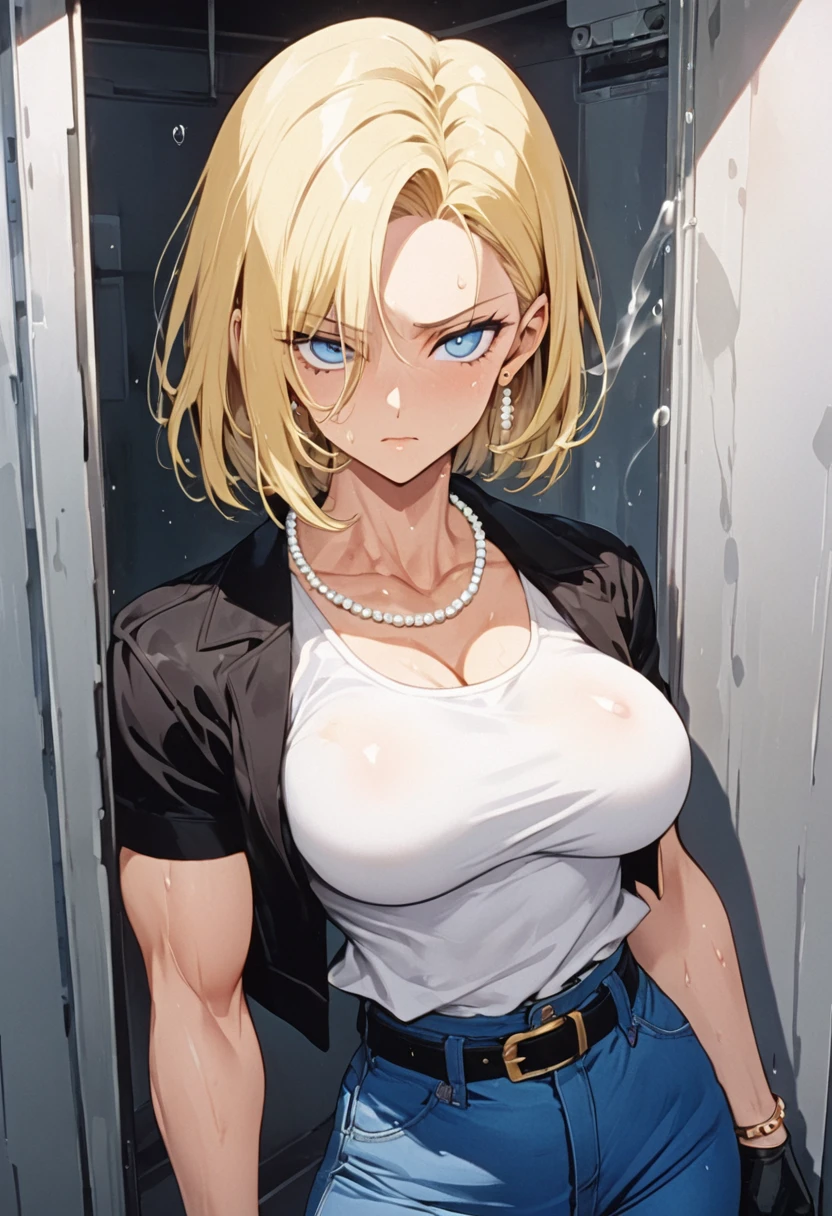 masterpiece, Highest quality, High resolution, (Artificial Human Room No. 18),1990s \(style\),(E-cup beautiful breasts)、height: 170cm,Sweating all over the body、vapor、Muscular、(sexy)、(nsfw),M-shaped legs,Sweaty、Composition from the front、独奏,Anime-style painting style, blonde hair, Blue eyes, belt, jeans, pearl_necklace, bracelet, black gloves, white shirt, short hair, short sleeves, earrings, blue pants, open vest, black vest,middle breasts,expressionless、Composition focusing on the upper body,(Cool face)、Pointed eyes