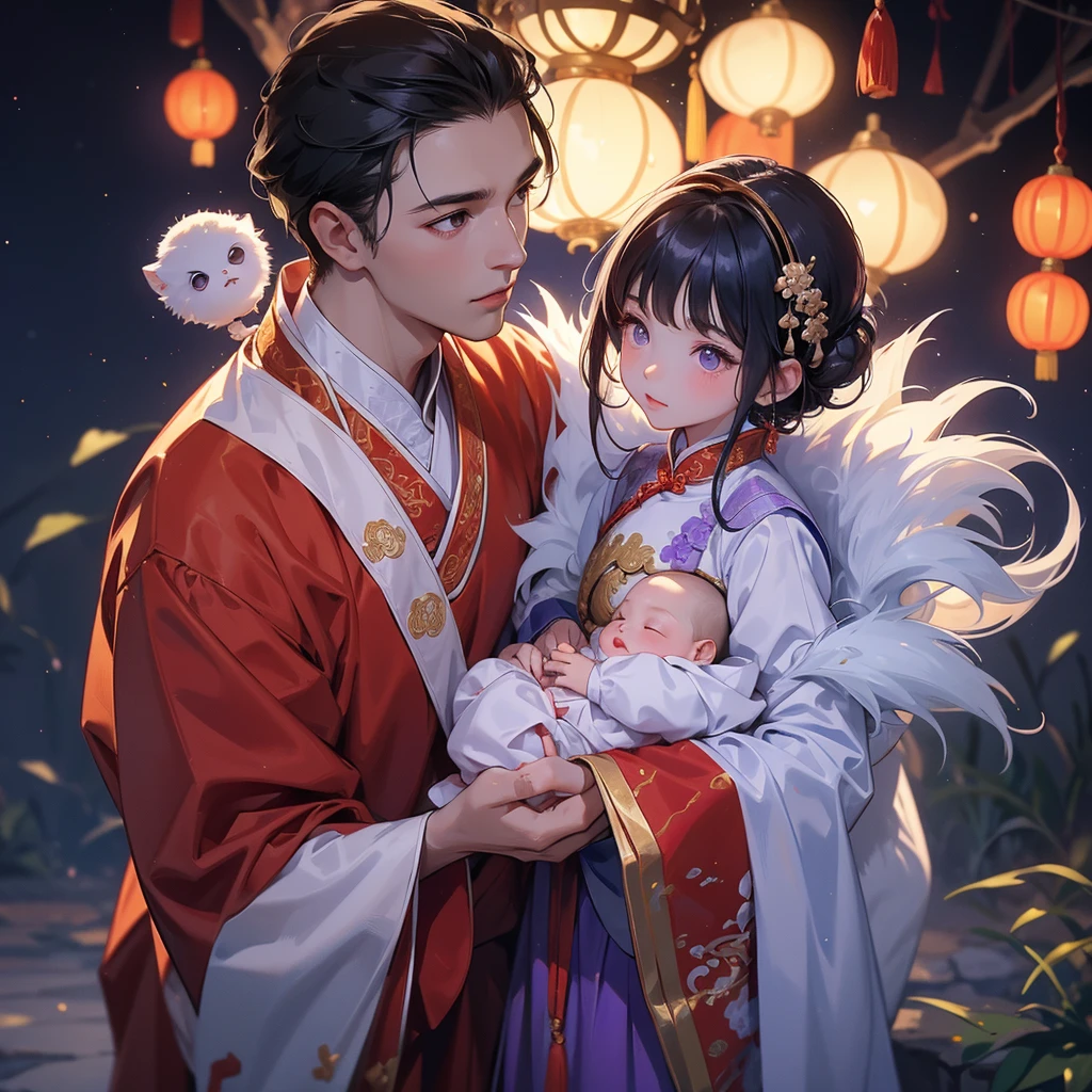 A one-year-old baby boy in an ancient Chinese baby costume with his beautiful mother, dressed in an white ancient Chinese costume, playing with each other, with his handsome father standing next to his mother, close up.

Background is a dark moonless night, with dry trees in the background, and purple glowing light