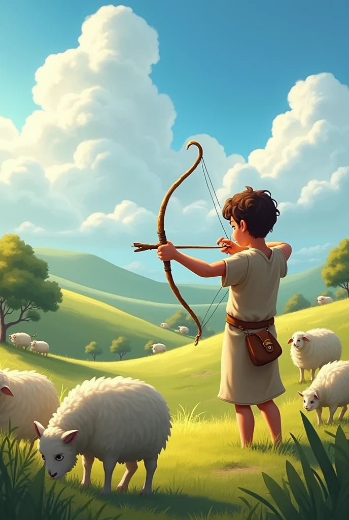 Generate an image showing David as a boy Shepherd David with His Slingshot - David practicing with his slingshot. Picture a serene green field under a bright blue sky, with fluffy white clouds drifting by. In the foreground, you see David, a young boy with a gentle demeanor. He wears simple tunic-like clothing and holds a shepherd's staff. Surrounding him are fluffy white sheep grazing peacefully. Perhaps there are a few trees dotting the landscape, adding to the tranquility of the setting.
in a sunny, rustic landscape. In his hands, he holds a slingshot, crafted from a forked branch with a leather pouch.
David stands focused, his eyes locked on a distant target—a rock or perhaps a tree stump. There are a few sheep grazing nearby, and the background features rolling hills and the warm glow of the afternoon sun. The air is filled with the sound of nature, and you can almost feel his determination as he practices, focusing intently.