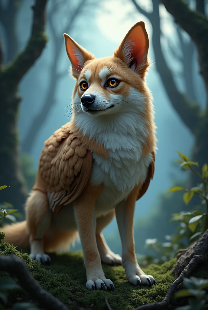 Make an hibryd between Dog and owl, with equal phisic caracteristics of each specie