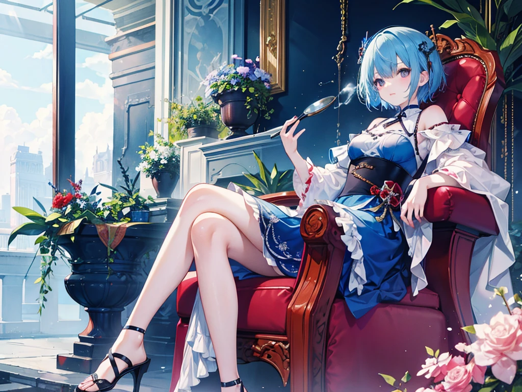 Wearing a dress、A young lady with short blue hair sitting on a red throne。