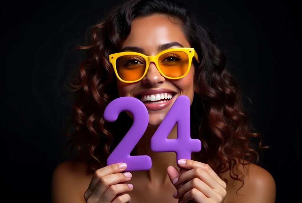 Joyful sexy woman of European appearance in yellow glasses, advertising photography, holds volumetric purple numbers 24 made of matte plastic, Black background, hairstyle curly hair, Backlight, studio advertising lighting, high detail,
