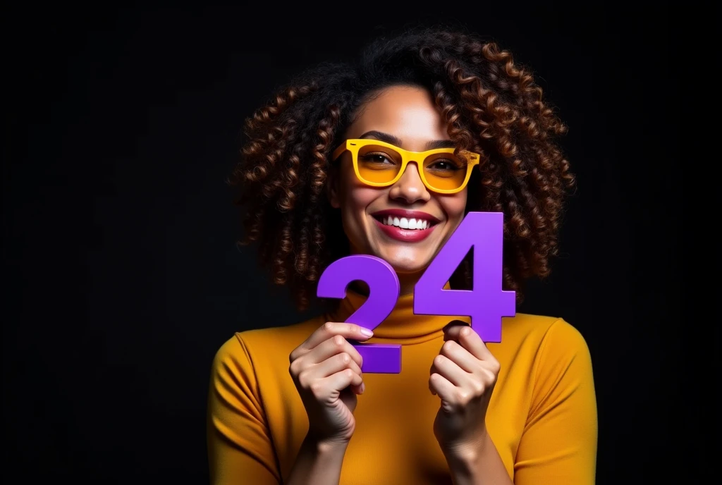 Joyful sexy woman of European appearance in yellow glasses, advertising photography, holds volumetric purple numbers 24 made of matte plastic, Black background, hairstyle curly hair, Backlight, studio advertising lighting, high detail,