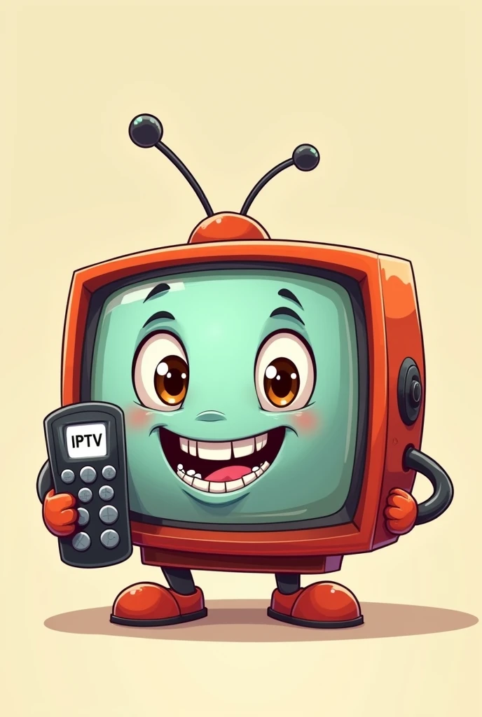 Cartoon style television smiling with braces on teeth with two arms light brown eyes holding a remote control with the word IPTV written on it
