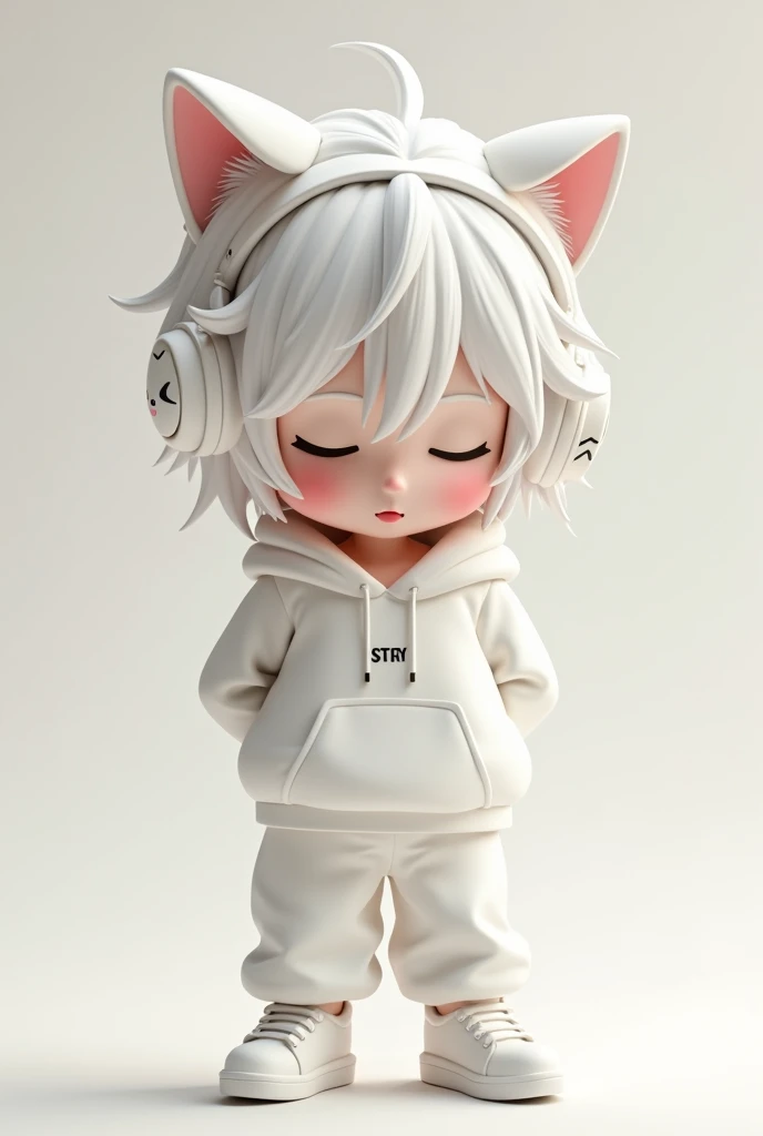 Oversized white streetwear(Hoodie and baggy pants)And wearing white sneakers、Highly detailed 3D chibi character with white messy hair。It exudes a cool and relaxed atmosphere。She is wearing large, stylish headphones that match her outfit.。Headphones are、White、Kitten's face painted。Characters、Hands behind your back。Characters、Eyes closed。Soft background、Muted、It emphasizes the character。The overall style is、Cute、Modern、and、Stylish