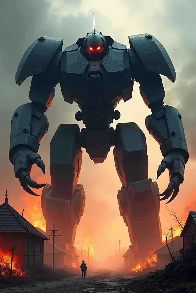 A gigantic and muscular robot meccha black with the red eyes, with class in arms, legery ursa form Village scenery in flames.