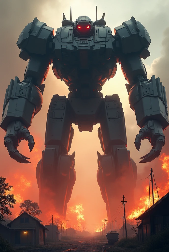 A gigantic and muscular robot meccha black with the red eyes, with class in arms, legery ursa form Village scenery in flames.