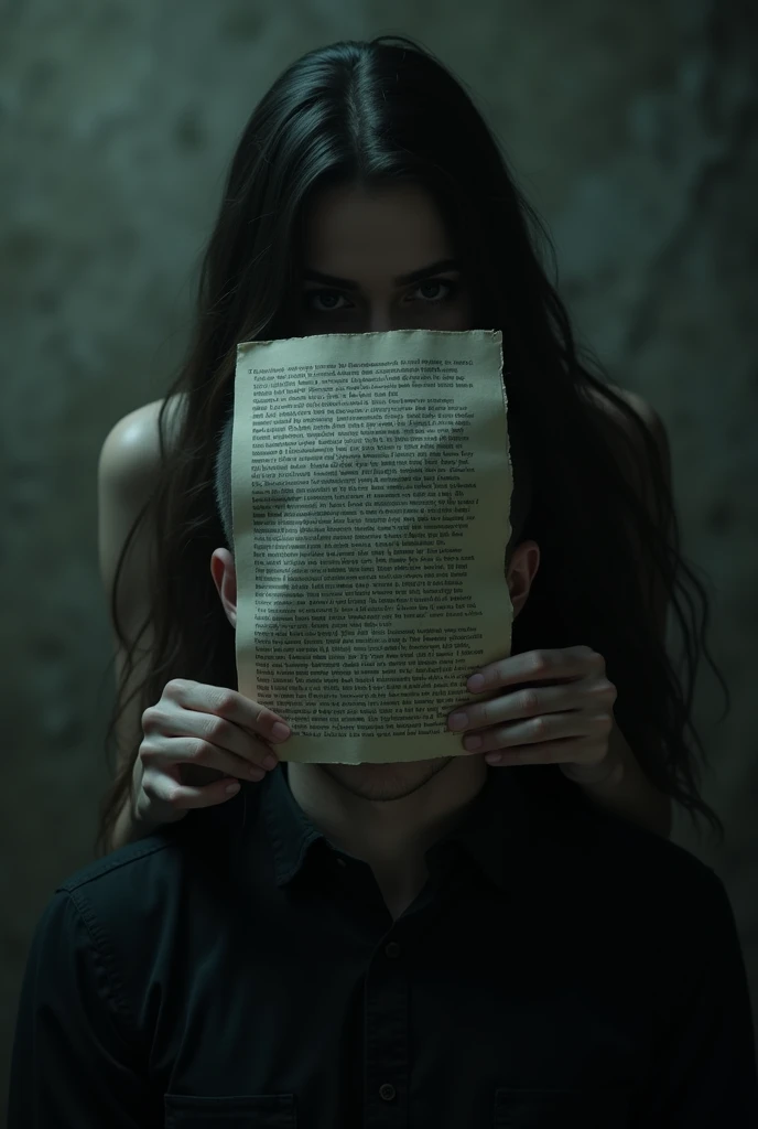 the woman covered the man's face with a sheet of paper. Printed text on the sheet