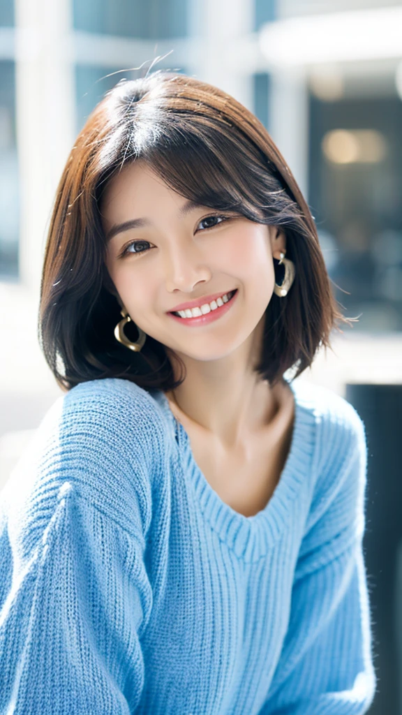 smile, Open your mouth a little, smiling, Odd Eye, Earrings, Medium Hair, Shiny Hair, Wearing a light blue knit、I'm in a cafe 、coffee cup
