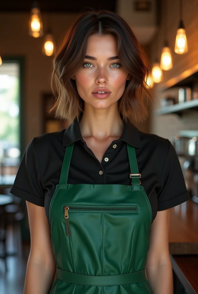 ((Highest quality、8k、masterpiece:1.3))、Sharp focus:1.2、Beautiful woman with perfect body:1.4、((Layered Haircut、Small Tits:1.2))、(No good) (Small beautiful hard nipples) 、(Black polo shirt、Green apron)、(Inside Starbucks:1.2)、Starbucks apron、Wet body:1.1、Highly detailed face and skin texture、 Detailed eyes、double eyelid、Sunburnした肌、Sexy、Sunburn