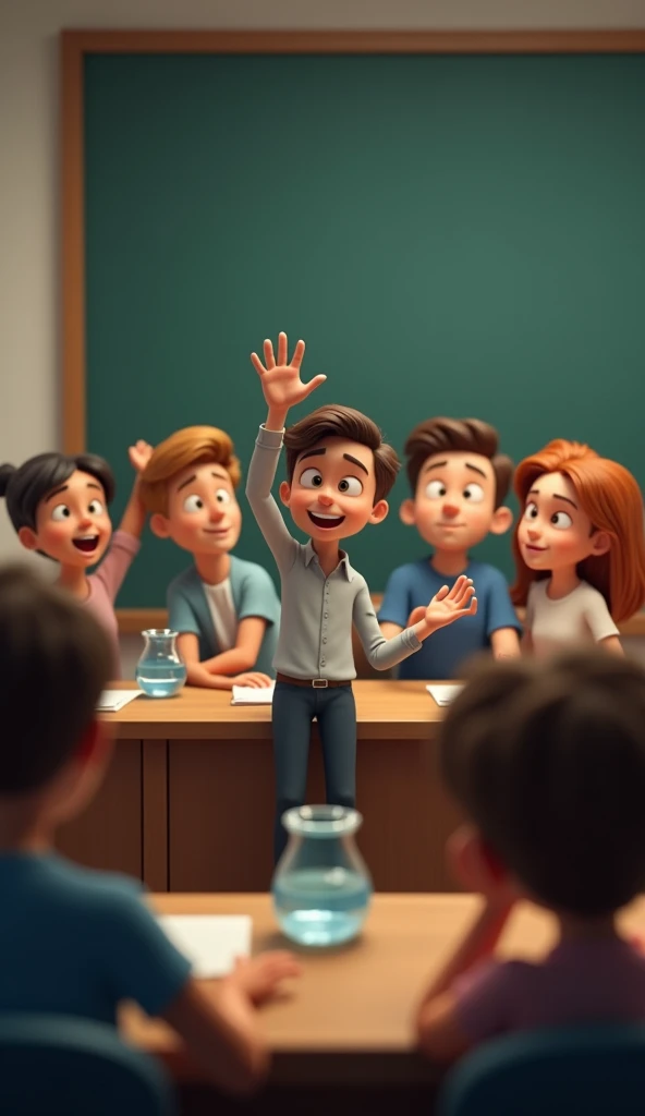 Zoom in on the professor as he asks, "How heavy is this glass of water?" The camera pans across the students, showing different facial expressions of concentration as they ponder the question. Some students raise their hands enthusiastically, while others think deeply.in 3d animation style