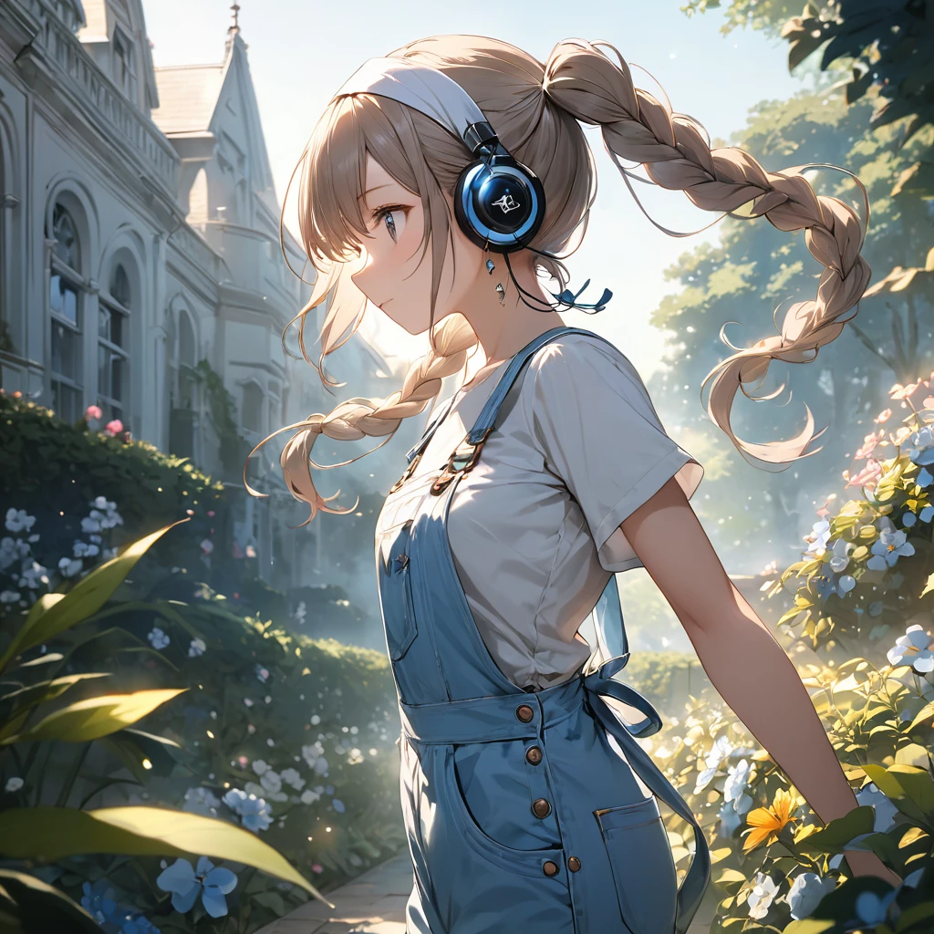 (Very detailed CG ユニティ 8k 壁紙, masterpiece, 最high quality, Very detailed), (Best lighting, Best Shadow, Very delicate beauty), floating, profile、Sparkling eyes, [(head band, Earrings, Headphones and braided pigtails, Light blue overalls) :: 0.8] , (Dynamic pose)､ masterpiece, 最high quality, high quality, High resolution､(Upper body portrait)､In the garden of the mansion
