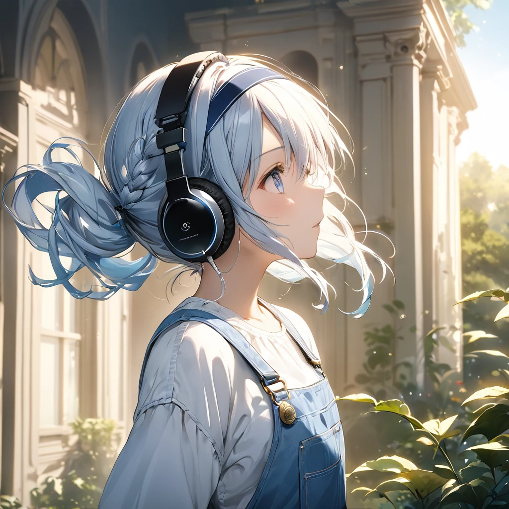 (Very detailed CG ユニティ 8k 壁紙, masterpiece, 最high quality, Very detailed), (Best lighting, Best Shadow, Very delicate beauty), floating, profile、Sparkling eyes, [(head band, Earrings, Headphones and braided pigtails, Light blue overalls) :: 0.8] , (Dynamic pose)､ masterpiece, 最high quality, high quality, High resolution､(Upper body portrait)､In the garden of the mansion