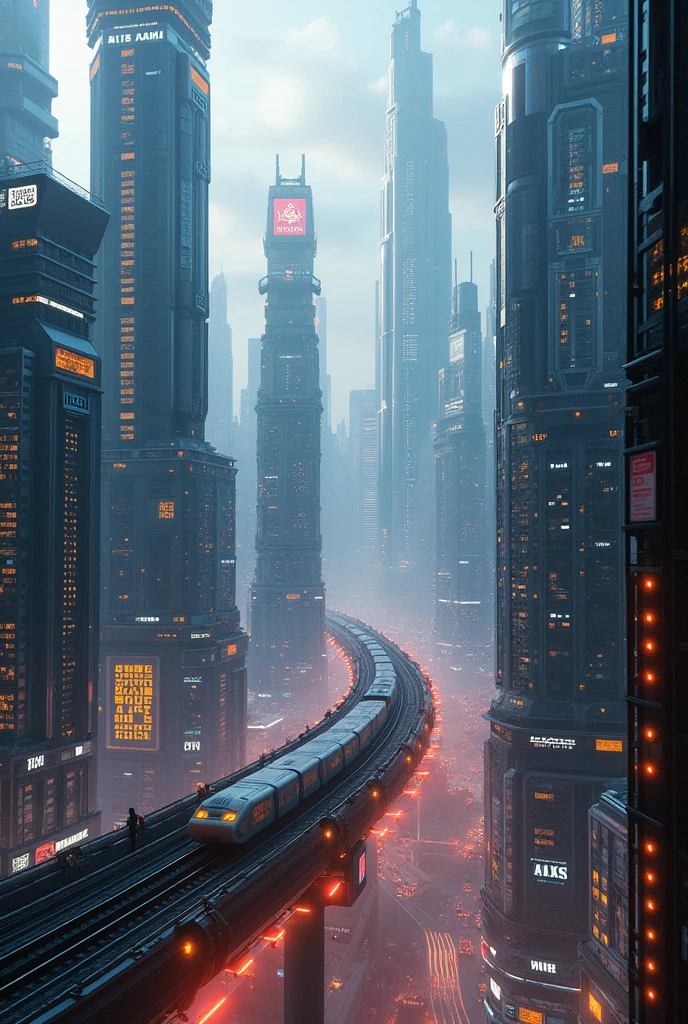 a vast futuristic city, towering skyscrapers, high-speed maglev train, ultramodern architecture, advanced transportation, dynamic cityscape, vibrant neon lights, aerial view, cinematic perspective, hyper-realistic, intricate details, 8k, masterpiece, photorealistic, dramatic lighting, vivid colors, cyberpunk, science fiction