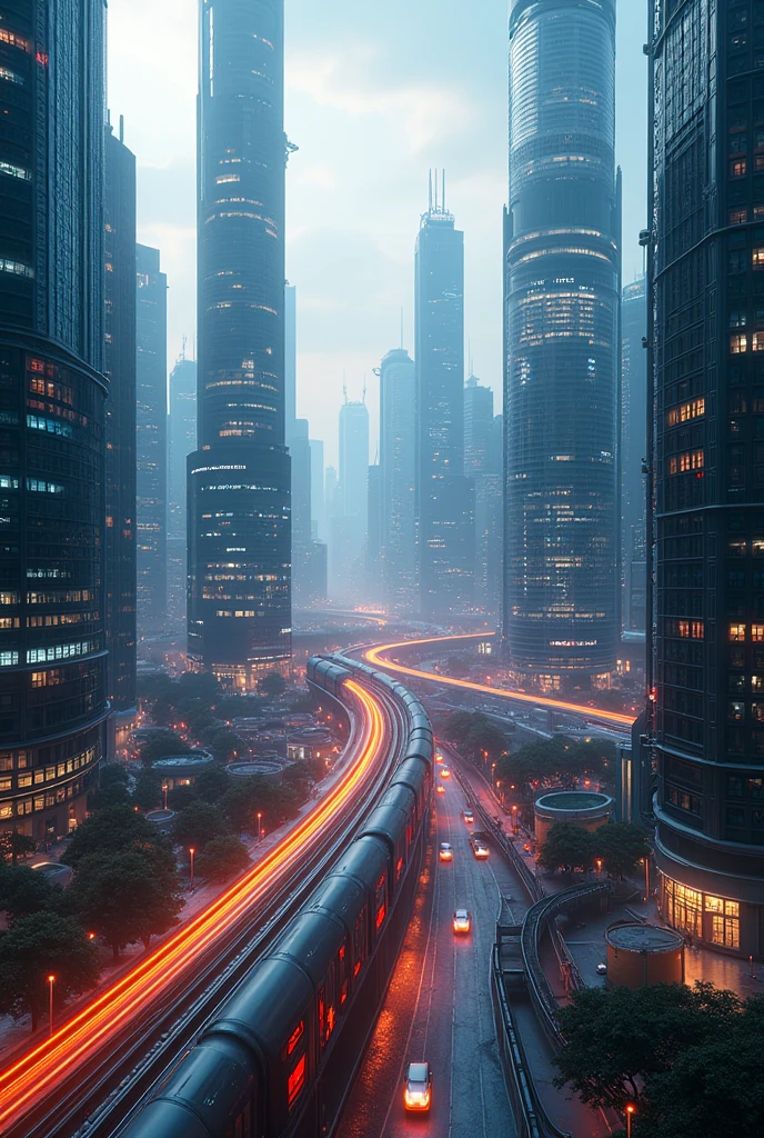 a vast futuristic city, towering skyscrapers, high-speed maglev train, ultramodern architecture, advanced transportation, dynamic cityscape, vibrant neon lights, aerial view, cinematic perspective, hyper-realistic, intricate details, 8k, masterpiece, photorealistic, dramatic lighting, vivid colors, cyberpunk, science fiction