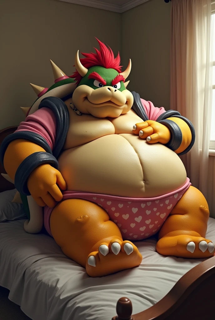Bowser from Super Mario, Extremely obese, chubby, embarrassed, huge round belly, big moobs, heart underpants, pink tight short sleeves t-shirt, laying on a bed, one hand on the belly