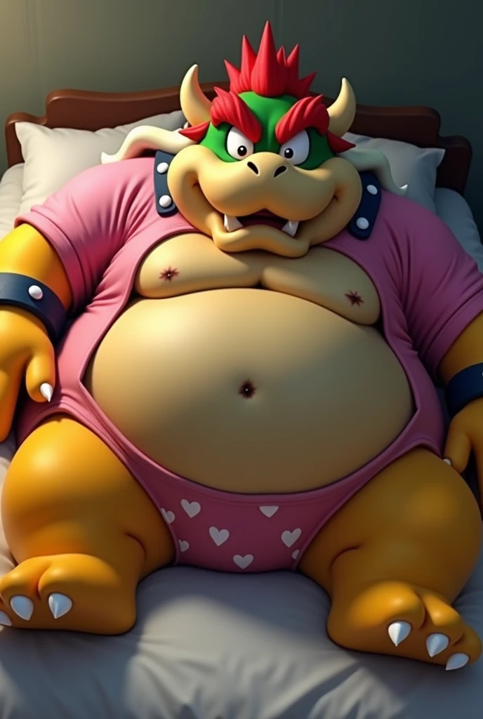 Bowser from Super Mario, Extremely obese, chubby, embarrassed, huge round belly, big moobs, heart underpants, pink tight short sleeves t-shirt, laying on a bed, one hand on the belly