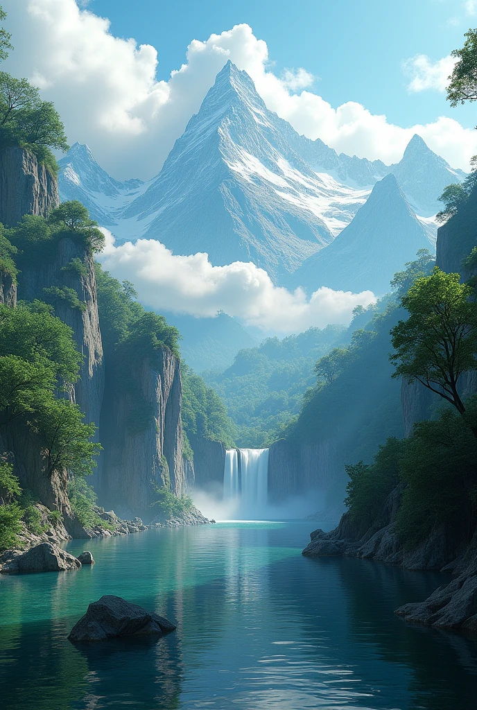 masterpiece, Best Quality, high quality, extremely detailed CG unity 8k wallpaper, scenery, outdoor, sky, cloud, day, nonhuman, Mountain, landscape, Water, tree, blue sky, Waterfall, cliff, nature, lake, river, cloudy sky,award-winning photography, bokeh, depth of field, HdR, bloom, chromatic aberration ,photorealistic,extremely detailed, trend in artstation, trend on CGSociety, Intricate, High detail, dramatic, mid-journey art