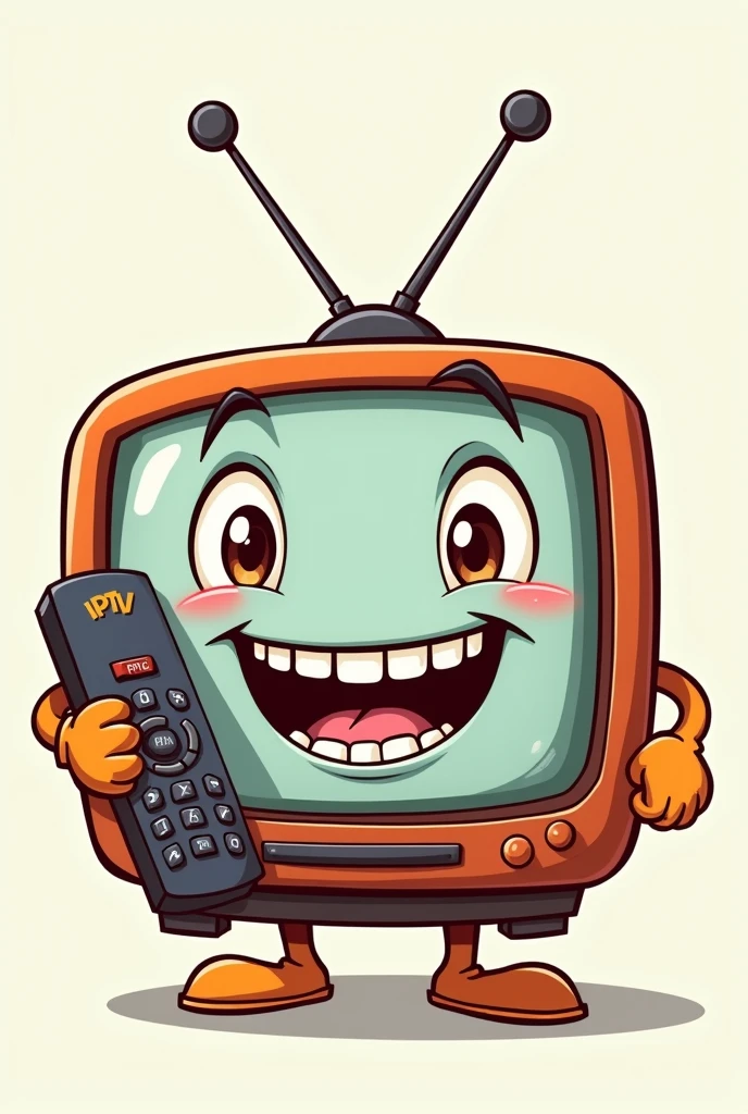 Cartoon style television smiling with braces on teeth with two arms light brown eyes holding a remote control with the word IPTV written on it