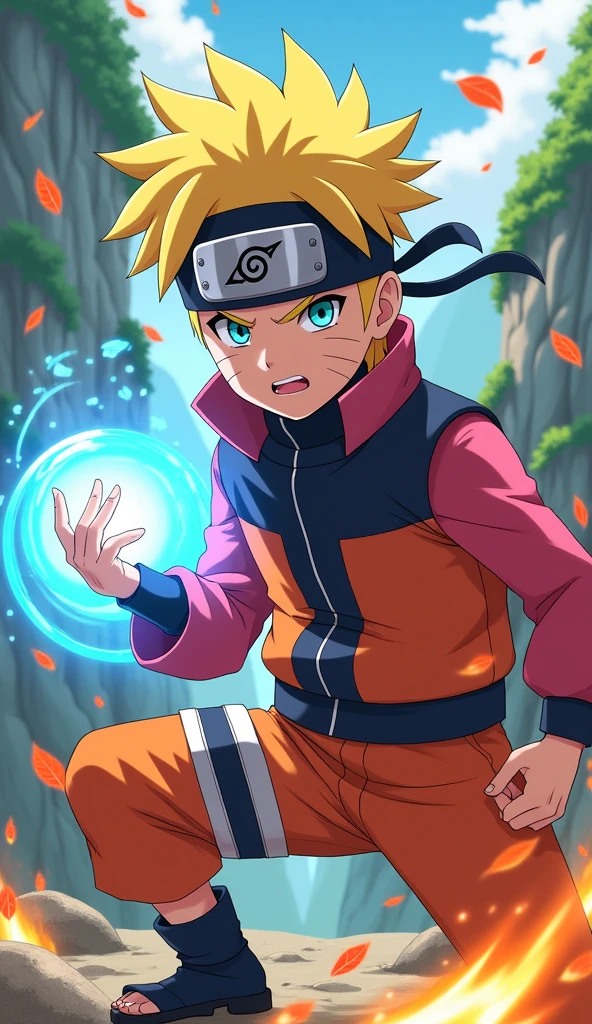 A detailed anime-style image of a young ninja inspired by the Naruto series. The character has spiky blonde hair, bright white eyes, and a determined expression. He wears an orange and pink jumpsuit with a headband that has a metal plate engraved with a leaf symbol. The background shows a mountainous landscape with trees, giving a sense of adventure and action. The character is in a dynamic pose, holding a glowing, swirling blue energy ball in one hand, with fire and leaves swirling around him, capturing the essence of ninja techniques and power.