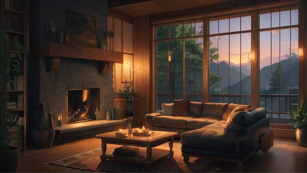 There is a living room with a sofa and a fireplace., Comfortable living room background, Warm house background, Relaxation concept art, comfortable environment, Anime Background Art, Cozy living room, cozy wallpaper, relaxing environment, Warm and peaceful atmosphere, Comfortable place, Interior Background Art, Warm and beautiful scenery, Animated background, Animation Landscape Concept Art, Comfortable living room, Comfortable atmosphere