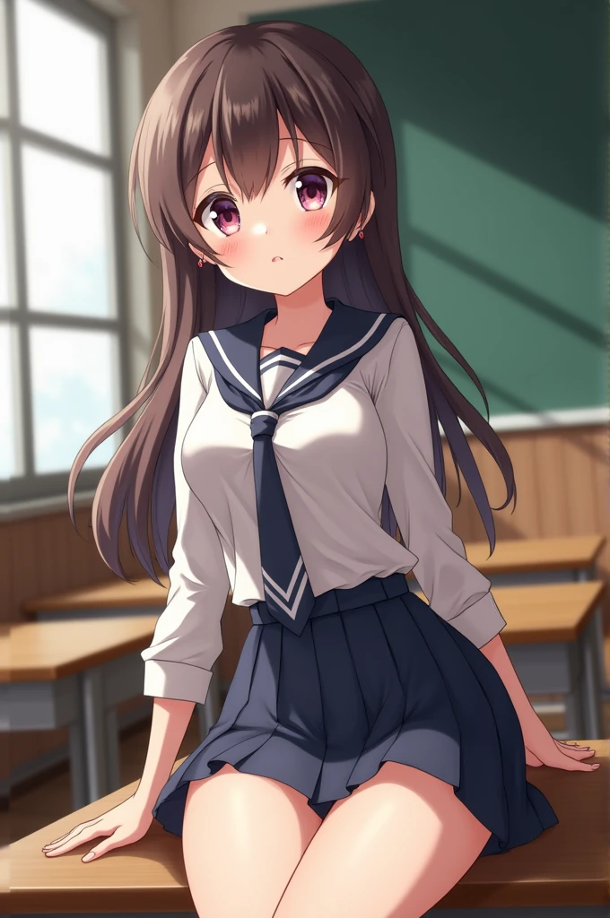 Anime schoolgirl sitting on a desk, ojousama pose, smug, extreme bottom view