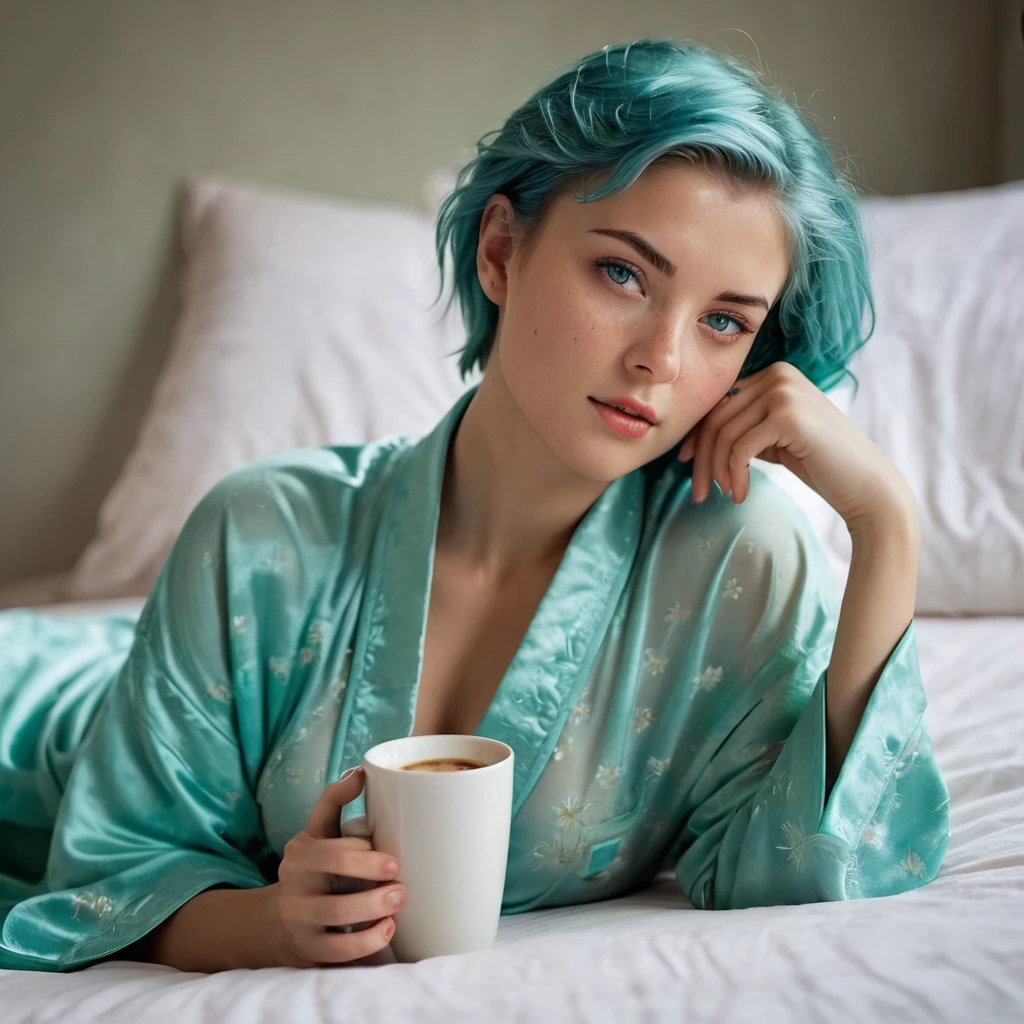 (Woman, 20 Years Old, Nordic Ethnicity, short blue hair, perfect face, light freckles, Blue-Green Eyes))), ((lying in bed on her side, propped up on one elbow)), (wearing a silky, slightly revealing robe). ((Holding a cup of coffee with a relaxed, sensual expression)), (((soft morning light highlighting her features and creating gentle shadows))), (luxurious bed linens, cozy and intimate setting). (((Color palette - turquoise, neon green, yellow shades))), (best quality, 8k, masterpiece, ultra-detailed, photorealistic, soft lighting, sharp focus).