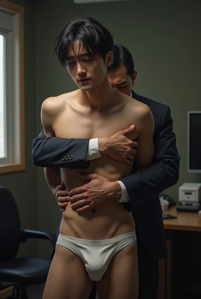 Real photo style、Realistic、Cute handsome man、Idol face、、Japanese、Slim body、Mash Hair、Completely naked、Full nudity、I was hugged from behind by an old man in a suit.、Inside the office、Embarrassed look、Completely naked、Completely naked、White bikini pants、Dim lighting