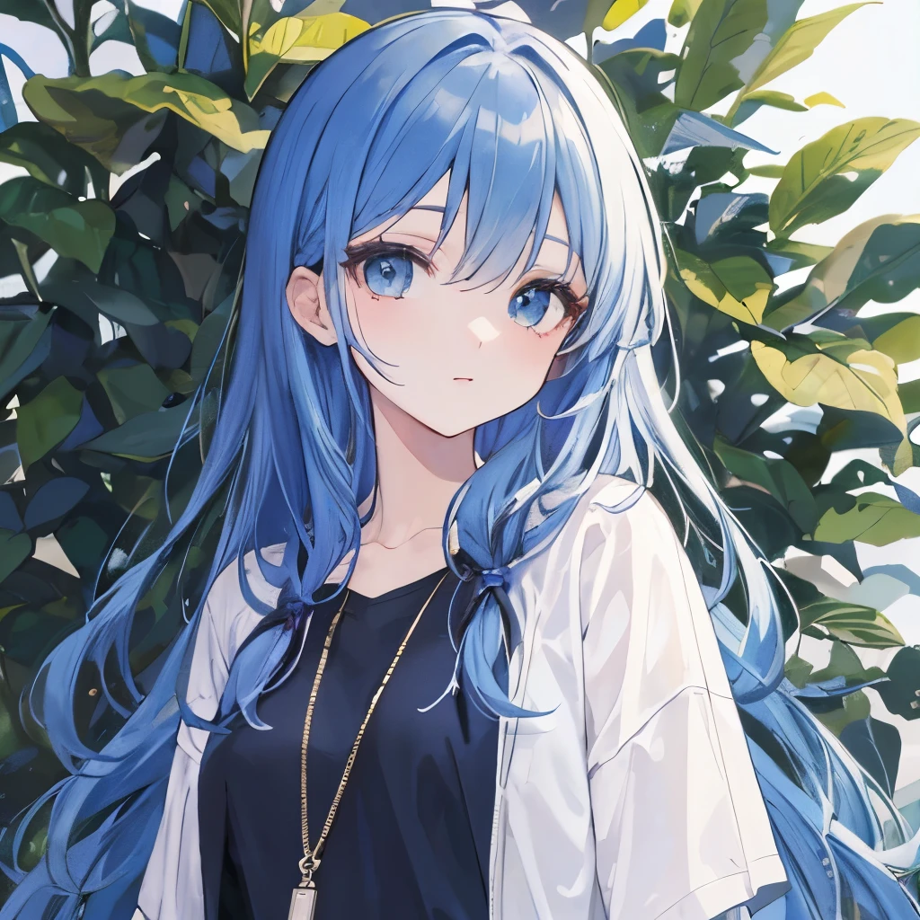 ((Highest quality)), ((masterpiece)), (detailed), One woman、Blue long hair、Casual clothing、Background is white